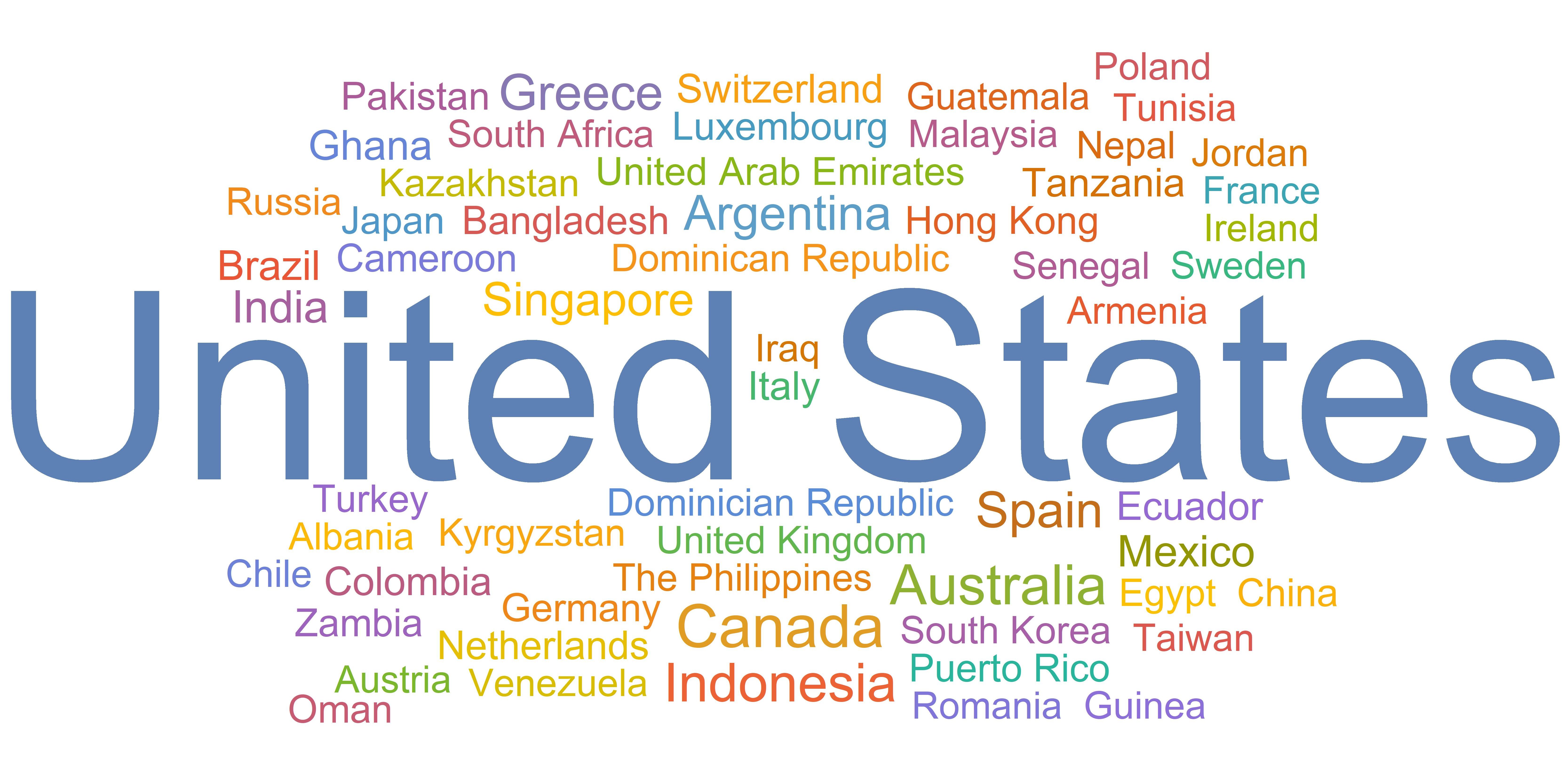 A word cloud of all the countries where students participate in Out of Eden Learn from. There are sixty countries total.